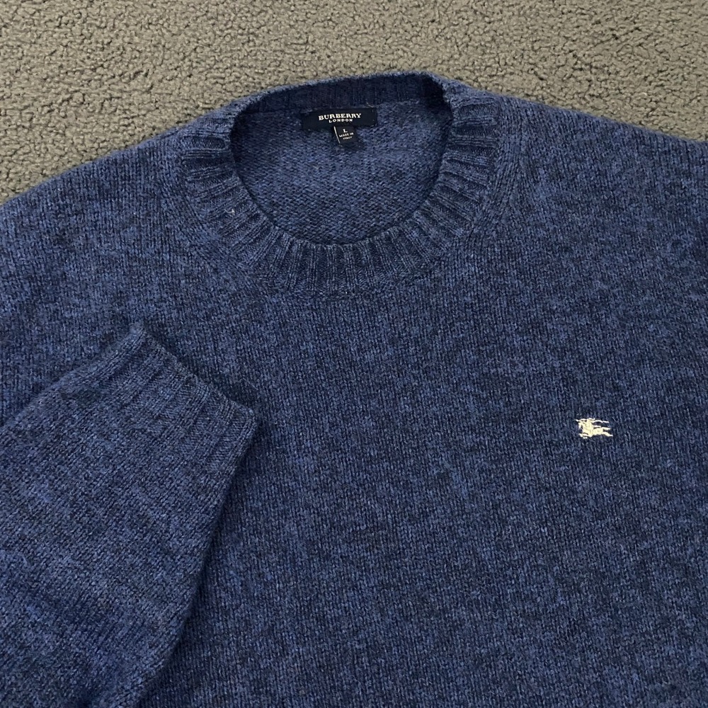 Burberry London Mens XL Marled Blue Shetland Wool Crew Sweater Made in Italy